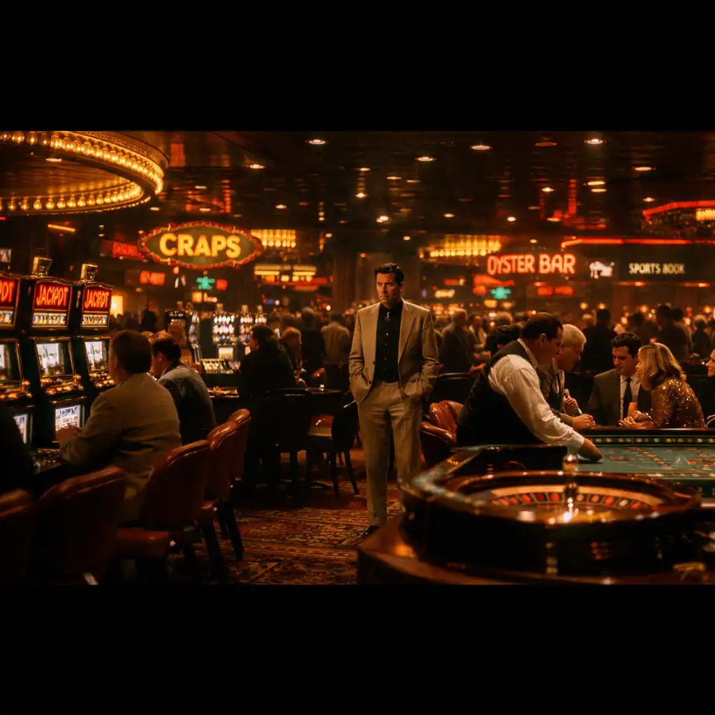 Szeroki kadr z filmu Casino przedstawiający panoramę kasyna z neonami