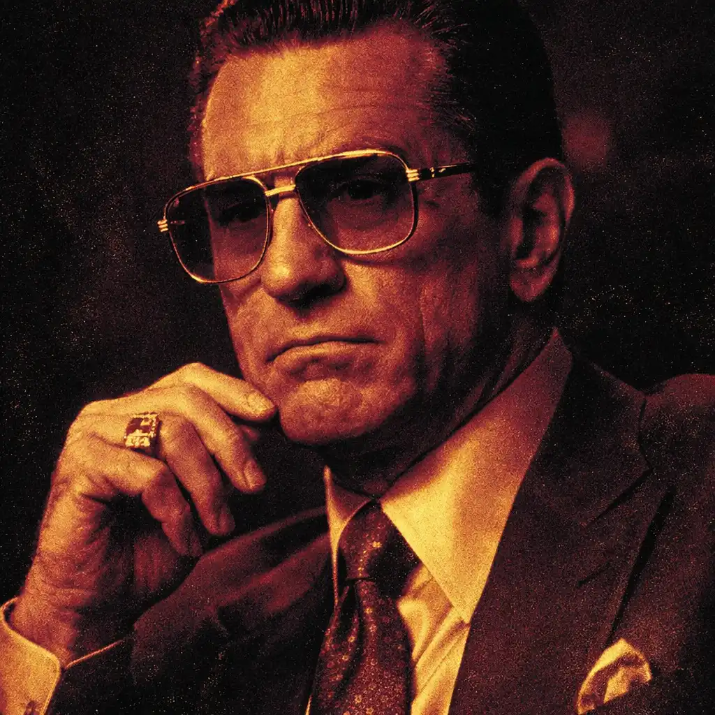 Portret Sama Ace Rothsteina z filmu Kasyno, duotone burgund i złoto, Robert De Niro w okularach