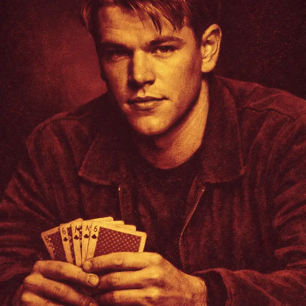 Portret Mike'a McDermotta z filmu Rounders, Matt Damon z kartami, duotone burgund i złoto