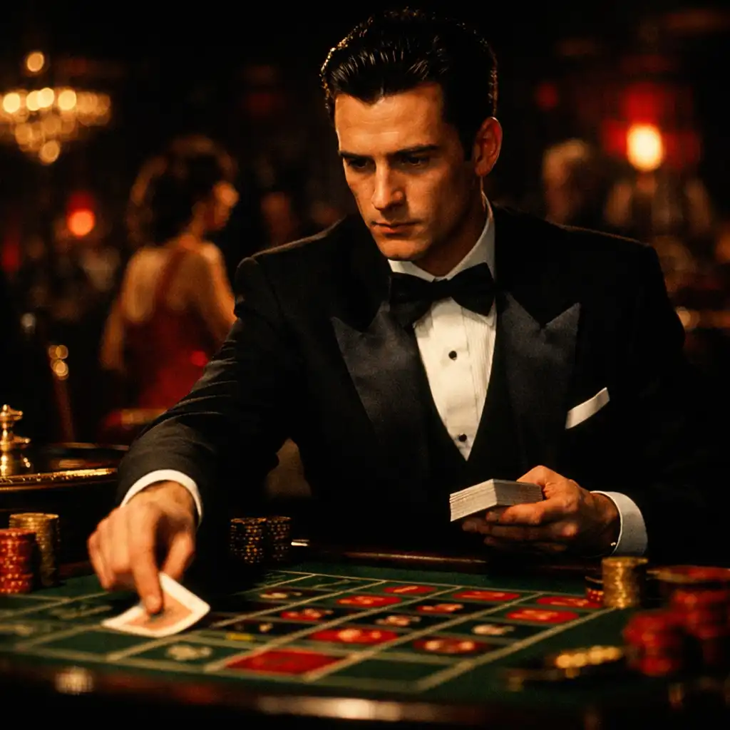 Kadr z filmu Croupier z krupierem rozdającym karty przy stole do ruletki
