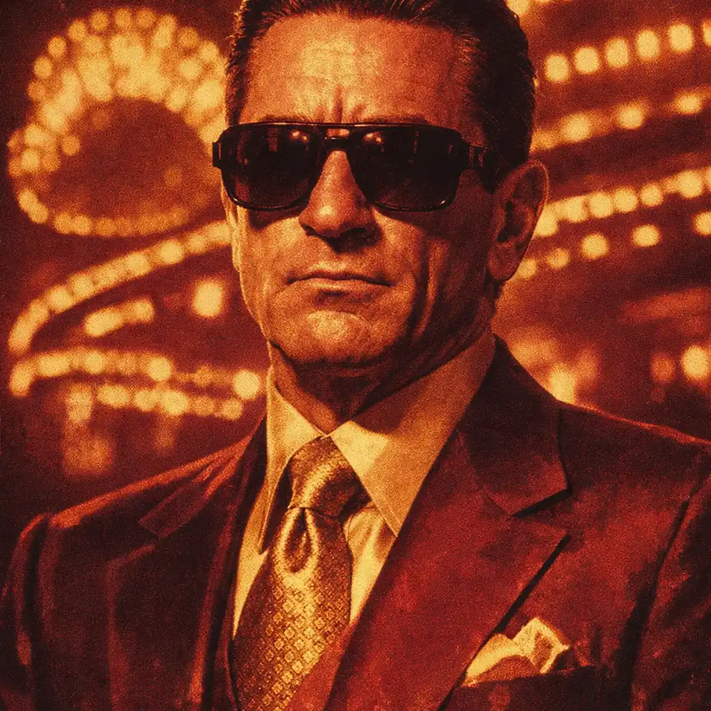 Portret Sama Ace Rothsteina z filmu Kasyno, Robert De Niro w okularach przeciwsłonecznych i eleganckim garniturze