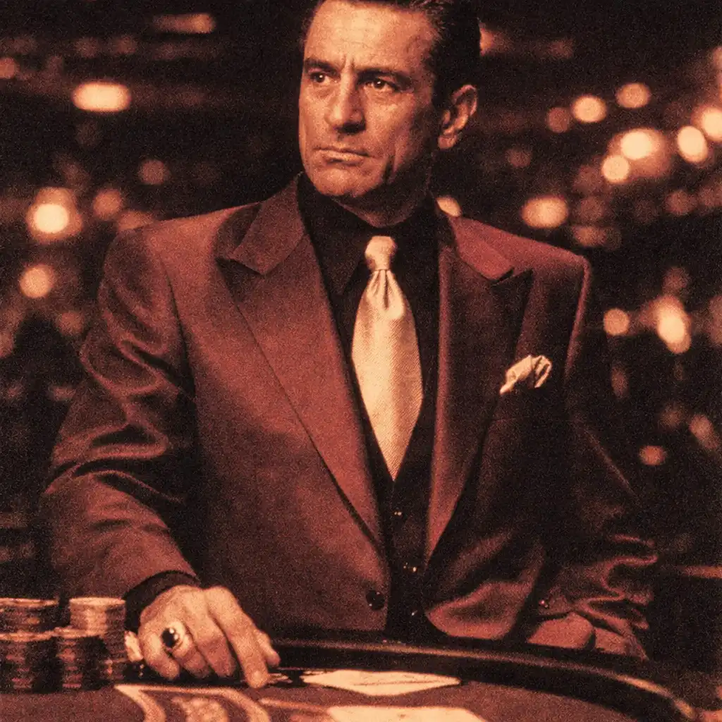 Robert De Niro jako Sam Ace Rothstein w filmie Kasyno, stojący przy stole do blackjacka