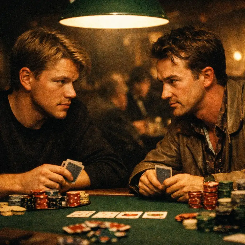Matt Damon i Edward Norton przy stole pokerowym w filmie Rounders, intensywne spojrzenia, karty i żetony