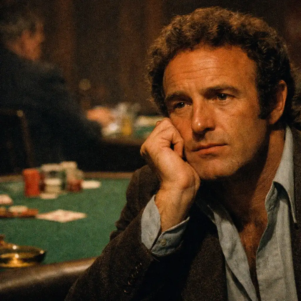 Kadr z filmu The Gambler z Jamesem Caanem w zamyśleniu