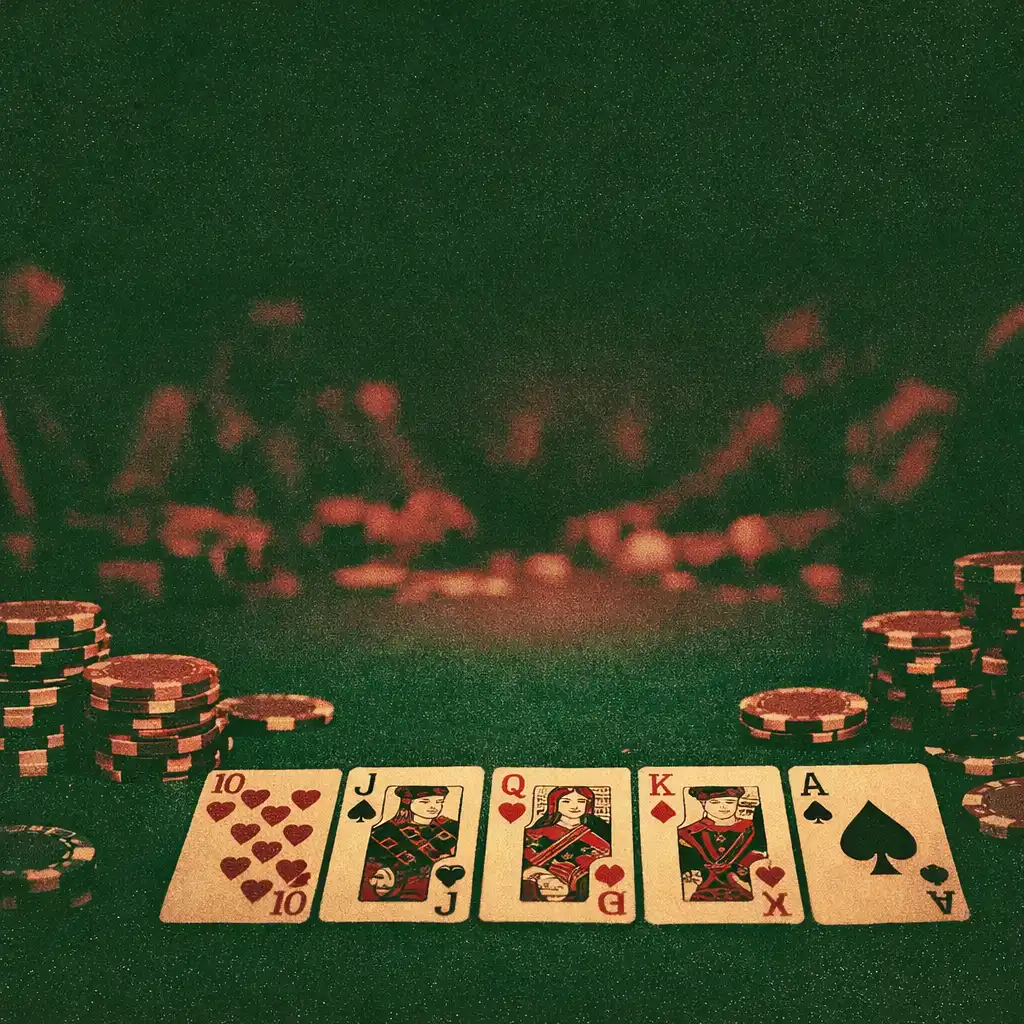 Zbliżenie na stół pokerowy z kartami i żetonami w scenie z filmu Casino Royale