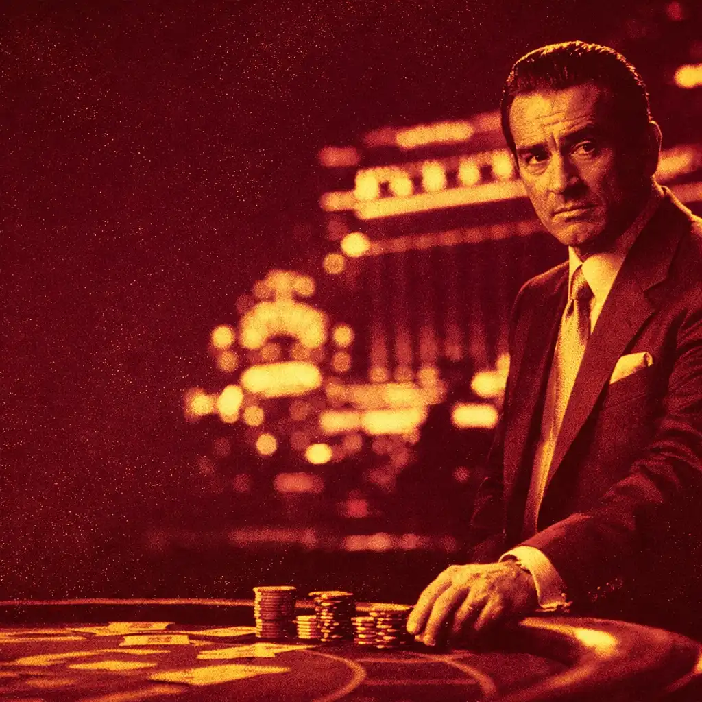 Kadr z filmu Kasyno Martina Scorsese przedstawiający Roberta De Niro przy stole do gry w stylu duotone