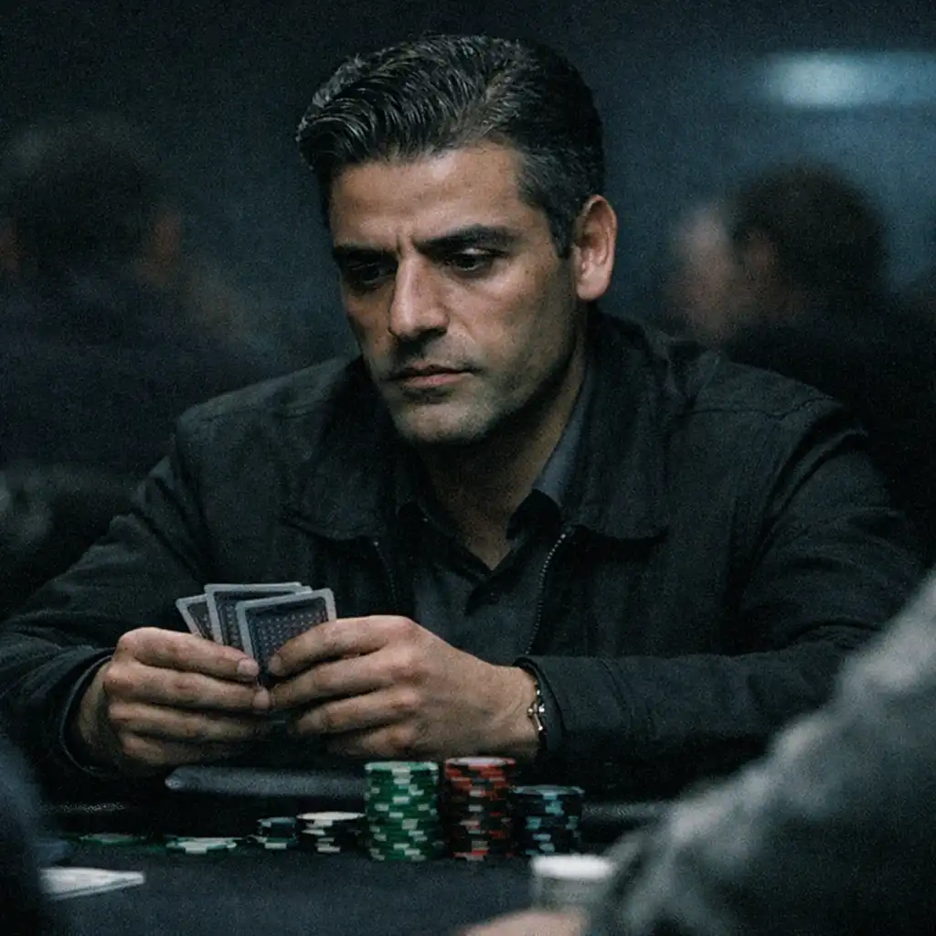 Oscar Isaac przy stole do pokera w filmie The Card Counter, skupiony, karty w dłoni