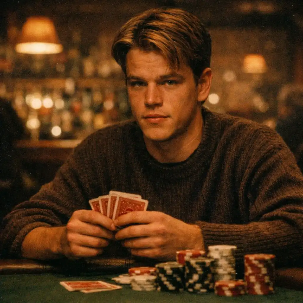 Matt Damon jako Mike McDermott w filmie Rounders, siedzący przy stole pokerowym z kartami