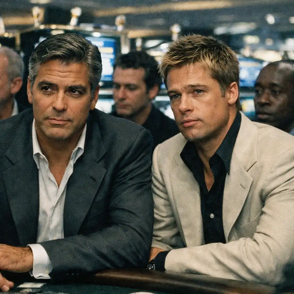 George Clooney i Brad Pitt w kasynie w filmie Ocean's Eleven, eleganckie garnitury, automaty w tle