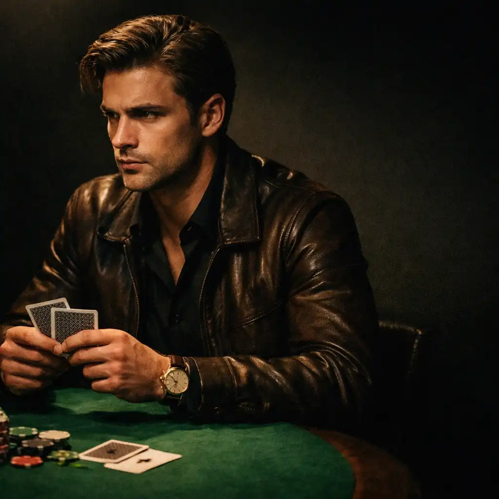 Portret Mike'a McDermotta skupionego przy stole pokerowym z kartami