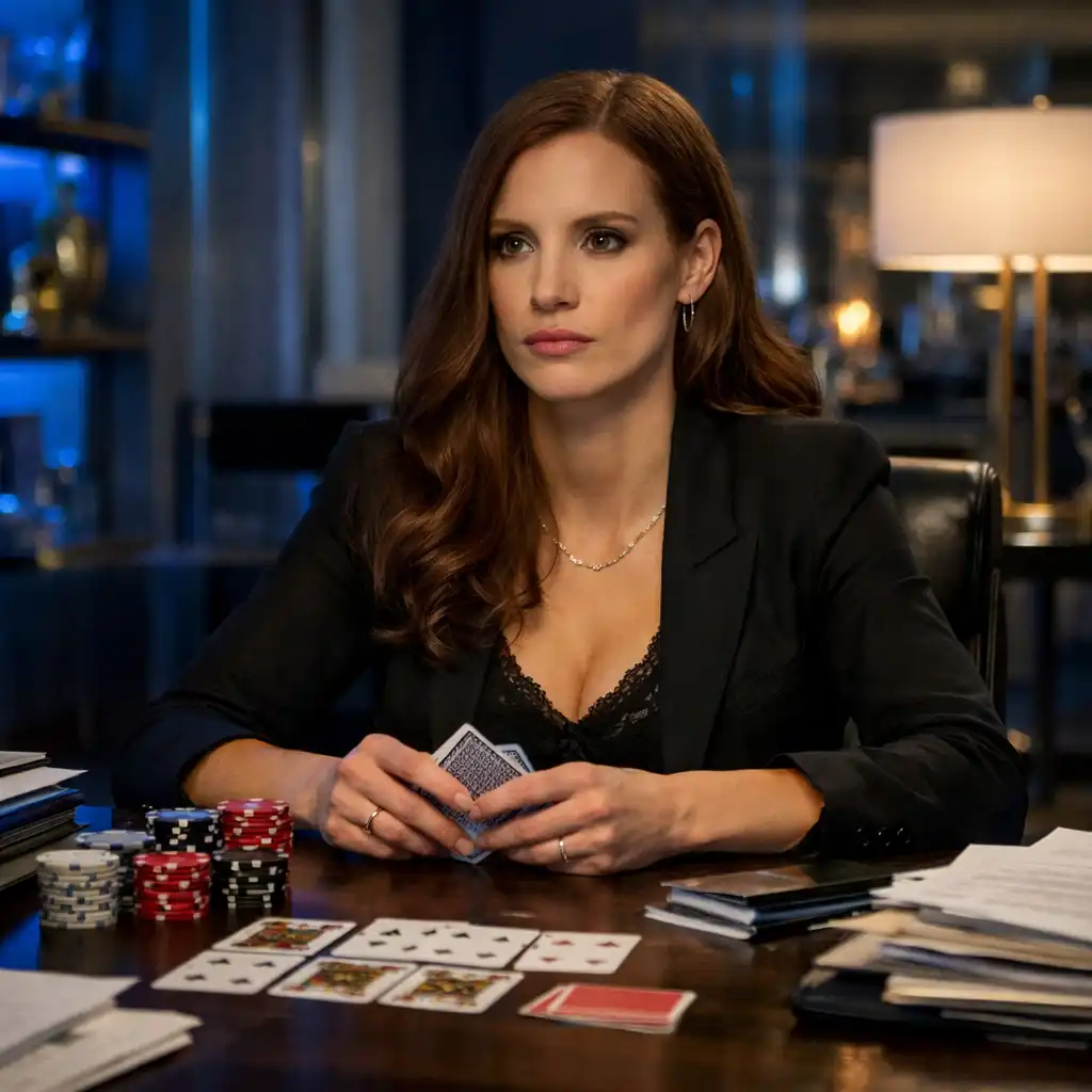 Kadr z filmu Molly's Game z Jessicą Chastain przy biurku z kartami