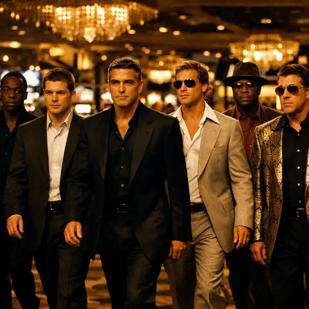 Kadr z filmu Ocean's Eleven z grupą eleganckich mężczyzn w kasynie