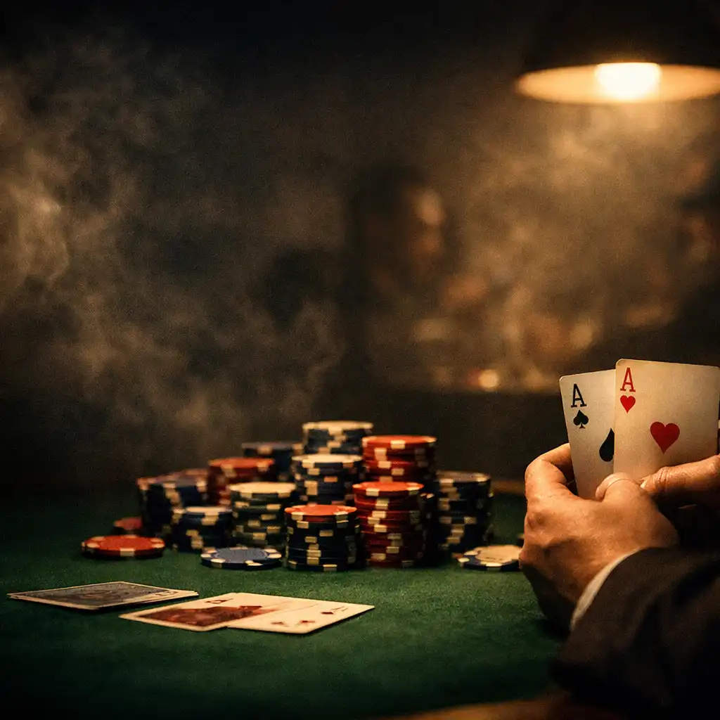 Dramatyczna scena pokerowa przy stole w ciemnym, zadymionym pomieszczeniu