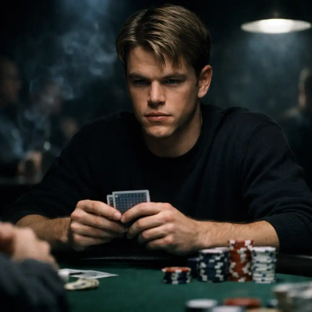 Mike McDermott skupiony przy stole pokerowym w filmie Rounders
