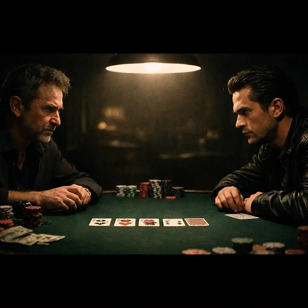Dwóch mężczyzn naprzeciwko siebie przy stole pokerowym w ciemnym pokoju