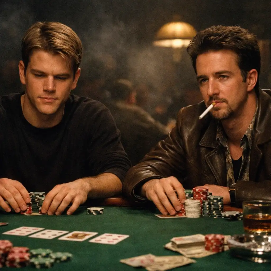 Kadr z filmu Rounders z Mattem Damonem i Edwardem Nortonem przy stole pokerowym