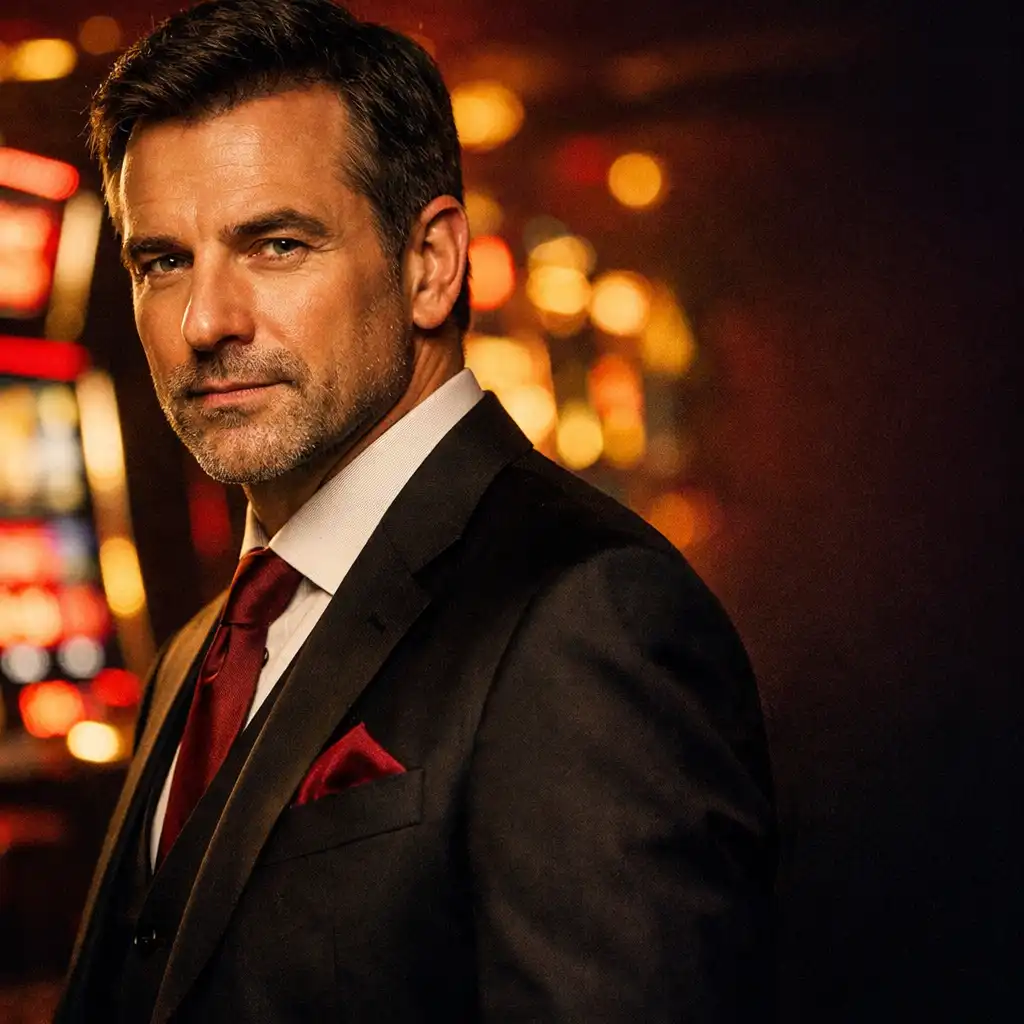 Portret Sama 'Ace' Rothsteina w eleganckim garniturze na tle kasyna